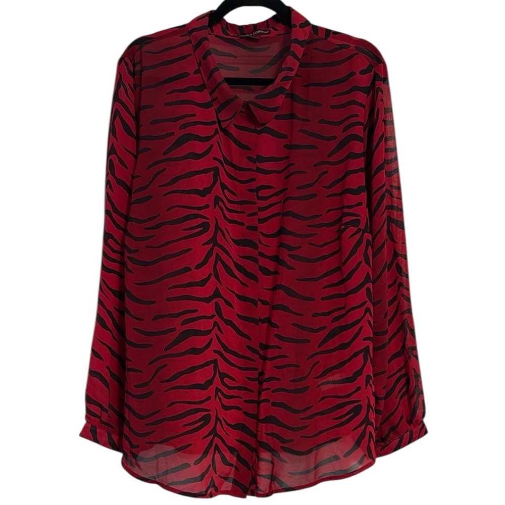 🌻 Jessica London Red and Black Sheer Zebra Print Button Up Blouse